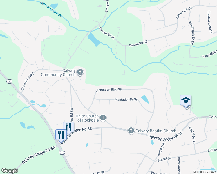 map of restaurants, bars, coffee shops, grocery stores, and more near 1088 Plantation Boulevard Southeast in Conyers