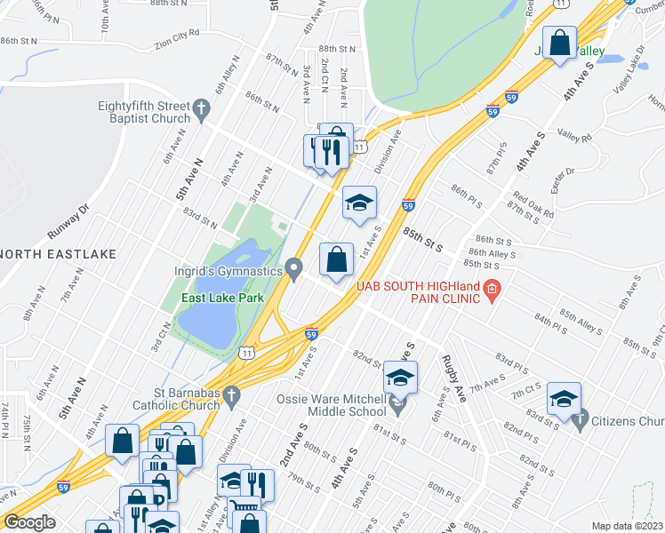 map of restaurants, bars, coffee shops, grocery stores, and more near 8321 Division Avenue in Birmingham
