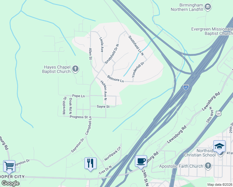 map of restaurants, bars, coffee shops, grocery stores, and more near in Birmingham