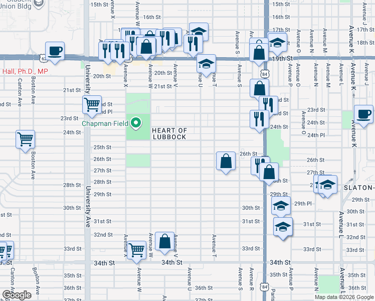 map of restaurants, bars, coffee shops, grocery stores, and more near 2114 26th Street in Lubbock