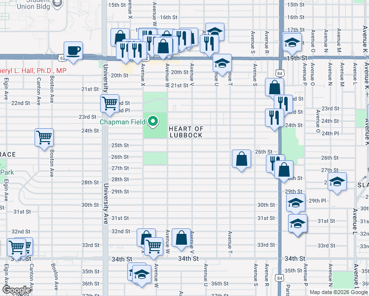 map of restaurants, bars, coffee shops, grocery stores, and more near 2208 26th Street in Lubbock