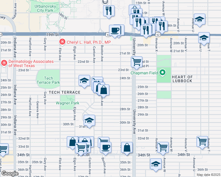 map of restaurants, bars, coffee shops, grocery stores, and more near 2617 25th St in Lubbock