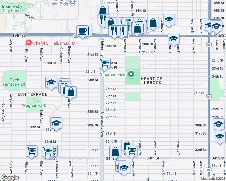 map of restaurants, bars, coffee shops, grocery stores, and more near 2421 25th Street in Lubbock