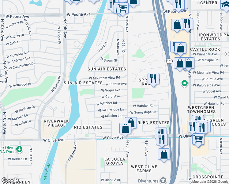 map of restaurants, bars, coffee shops, grocery stores, and more near 9611 West Vogel Avenue in Peoria