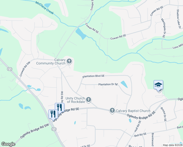 map of restaurants, bars, coffee shops, grocery stores, and more near 1088 Plantation Boulevard Southeast in Conyers