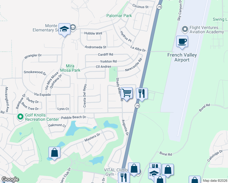 map of restaurants, bars, coffee shops, grocery stores, and more near 29844 Camden Circle in Murrieta
