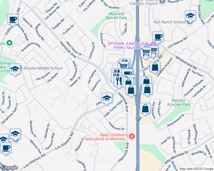 map of restaurants, bars, coffee shops, grocery stores, and more near 39990 Coliseum Way in Murrieta
