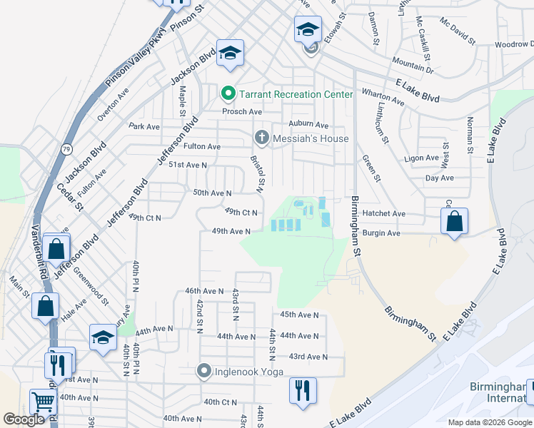 map of restaurants, bars, coffee shops, grocery stores, and more near 4929 43rd Way North in Birmingham