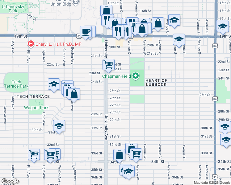 map of restaurants, bars, coffee shops, grocery stores, and more near 2423 25th Street in Lubbock