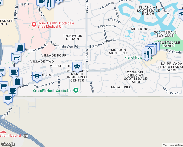 map of restaurants, bars, coffee shops, grocery stores, and more near 9380 North 96th Place in Scottsdale