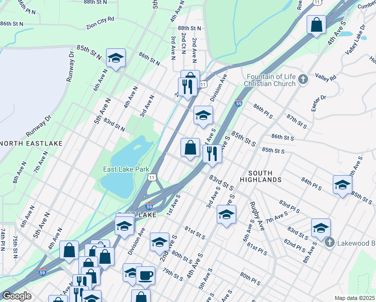 map of restaurants, bars, coffee shops, grocery stores, and more near 8321 Division Avenue in Birmingham