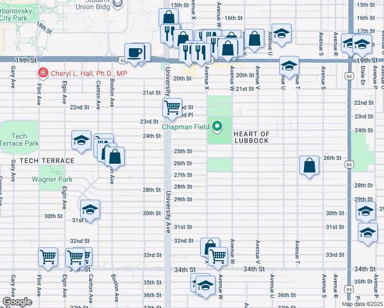 map of restaurants, bars, coffee shops, grocery stores, and more near 2409 25th Street in Lubbock