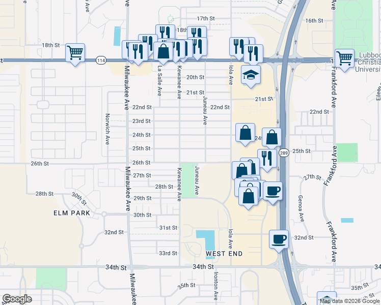 map of restaurants, bars, coffee shops, grocery stores, and more near 6213 25th Street in Lubbock