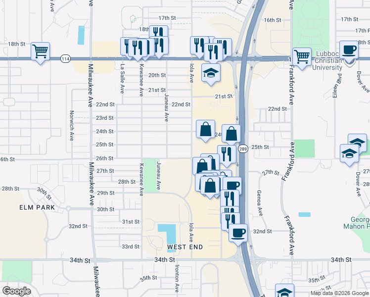 map of restaurants, bars, coffee shops, grocery stores, and more near 6105 25th St in Lubbock