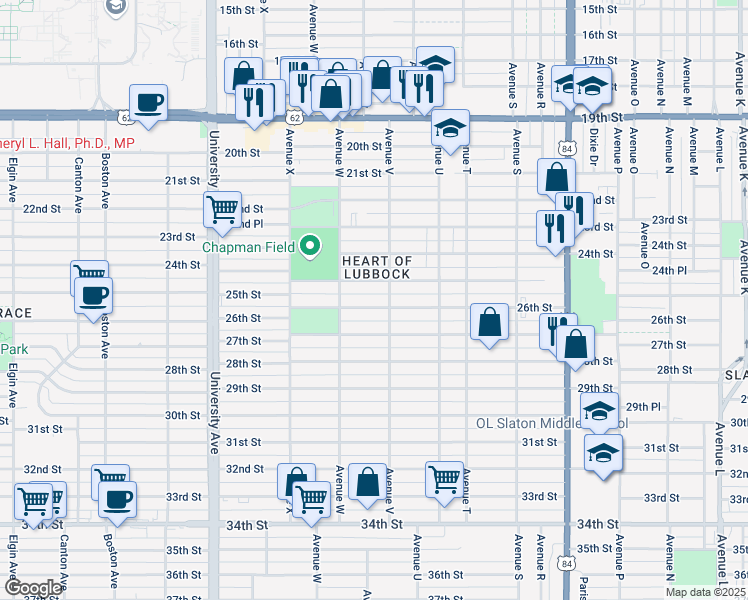 map of restaurants, bars, coffee shops, grocery stores, and more near 2208 26th Street in Lubbock