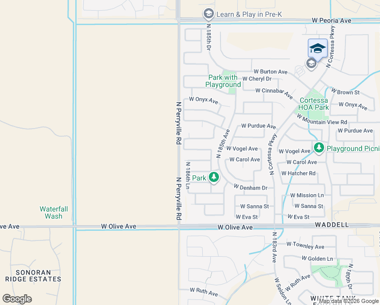 map of restaurants, bars, coffee shops, grocery stores, and more near 18643 West Vogel Avenue in Waddell