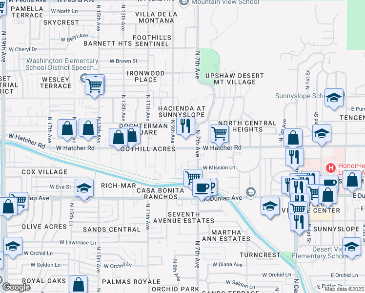 map of restaurants, bars, coffee shops, grocery stores, and more near 726 West Hatcher Road in Phoenix