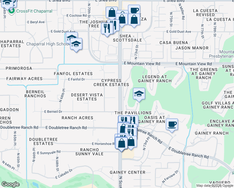 map of restaurants, bars, coffee shops, grocery stores, and more near 7166 East Berneil Lane in Paradise Valley
