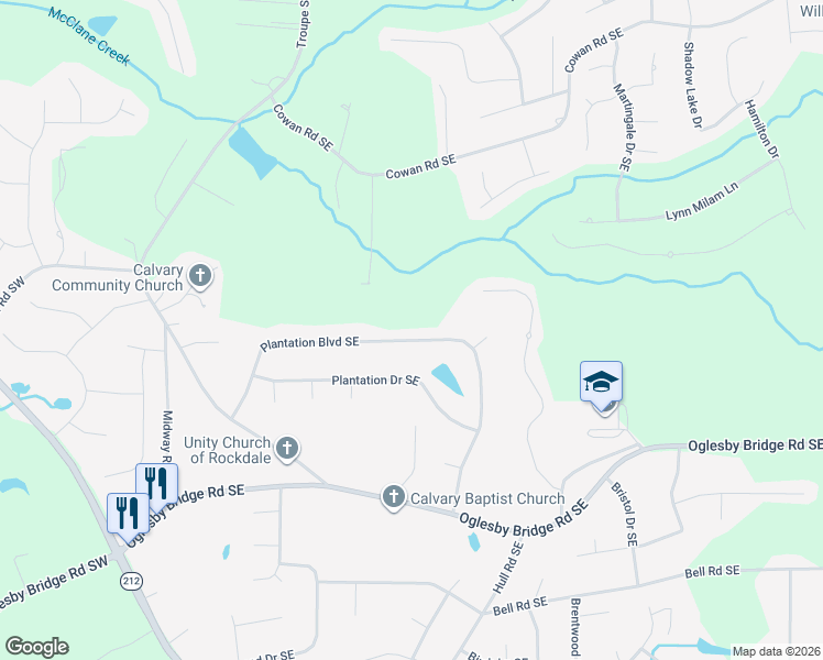 map of restaurants, bars, coffee shops, grocery stores, and more near 1062 Plantation Boulevard Southeast in Conyers