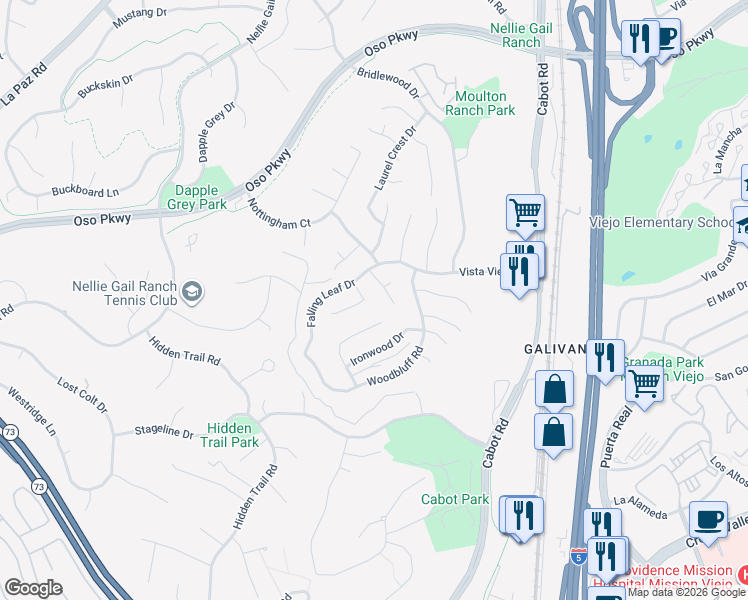map of restaurants, bars, coffee shops, grocery stores, and more near 26962 Willow Tree Lane in Laguna Hills