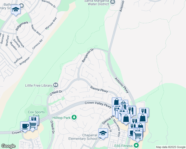 map of restaurants, bars, coffee shops, grocery stores, and more near 25 Allbrook Court in Ladera Ranch