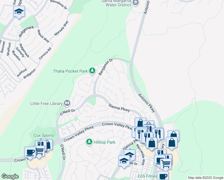 map of restaurants, bars, coffee shops, grocery stores, and more near 25 Allbrook Court in Ladera Ranch