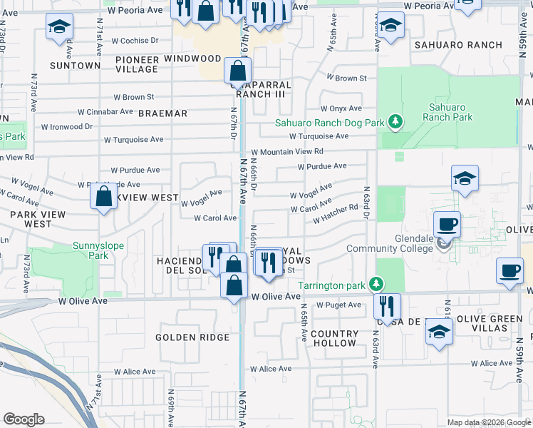 map of restaurants, bars, coffee shops, grocery stores, and more near 6609 West Carol Avenue in Glendale