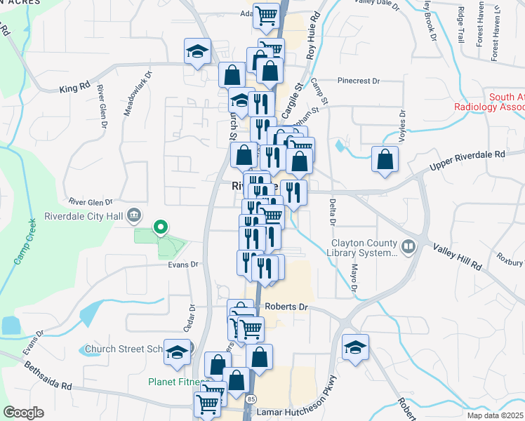 map of restaurants, bars, coffee shops, grocery stores, and more near 6722 Highway 85 in Riverdale