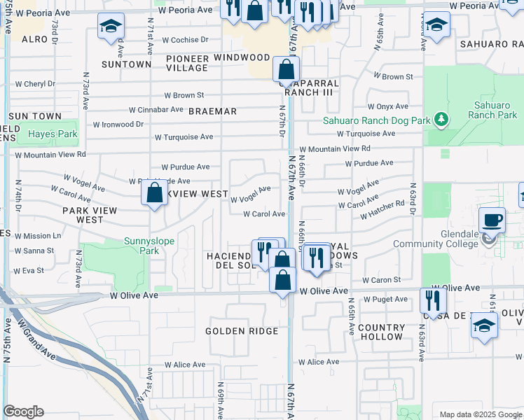 map of restaurants, bars, coffee shops, grocery stores, and more near 9502 North 67th Lane in Peoria