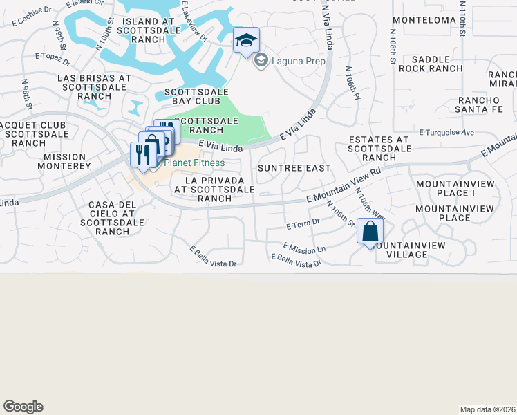 map of restaurants, bars, coffee shops, grocery stores, and more near 10405 E Mountain View Rd in Scottsdale