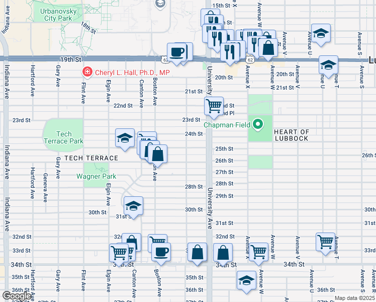 map of restaurants, bars, coffee shops, grocery stores, and more near 2521 25th Street in Lubbock