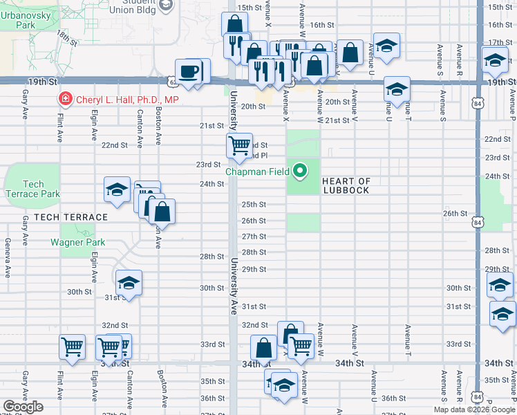 map of restaurants, bars, coffee shops, grocery stores, and more near 2428 25th Street in Lubbock