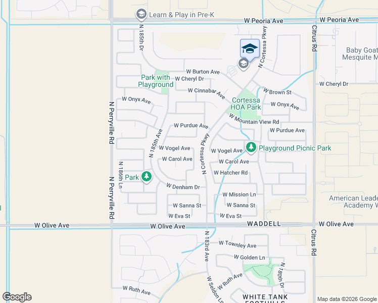 map of restaurants, bars, coffee shops, grocery stores, and more near 18351 West Vogel Avenue in Waddell