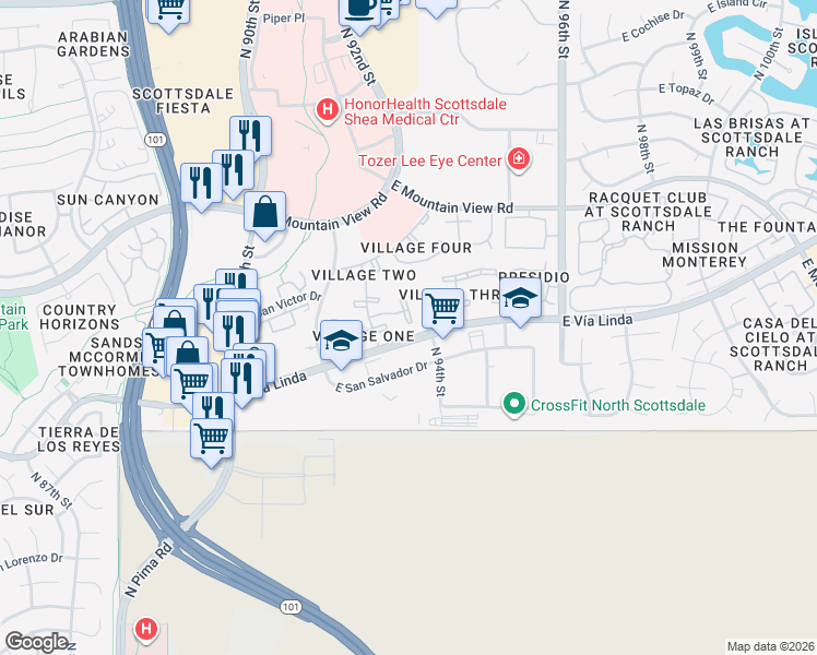 map of restaurants, bars, coffee shops, grocery stores, and more near 9345 North 92nd Street in Scottsdale