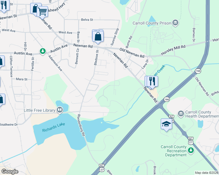 map of restaurants, bars, coffee shops, grocery stores, and more near 105 Lane Drive in Carrollton
