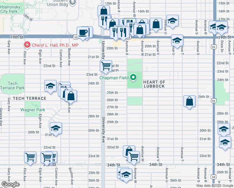map of restaurants, bars, coffee shops, grocery stores, and more near 2409 25th Street in Lubbock