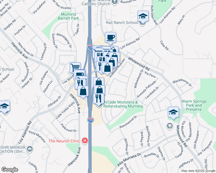map of restaurants, bars, coffee shops, grocery stores, and more near 39705 Via Las Palmas in Murrieta