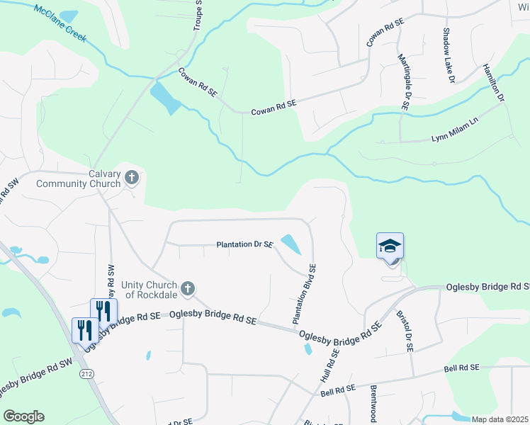 map of restaurants, bars, coffee shops, grocery stores, and more near 1062 Plantation Boulevard Southeast in Conyers