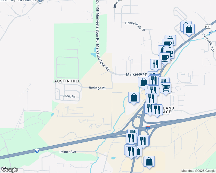 map of restaurants, bars, coffee shops, grocery stores, and more near 1947 Heritage Road in Moody