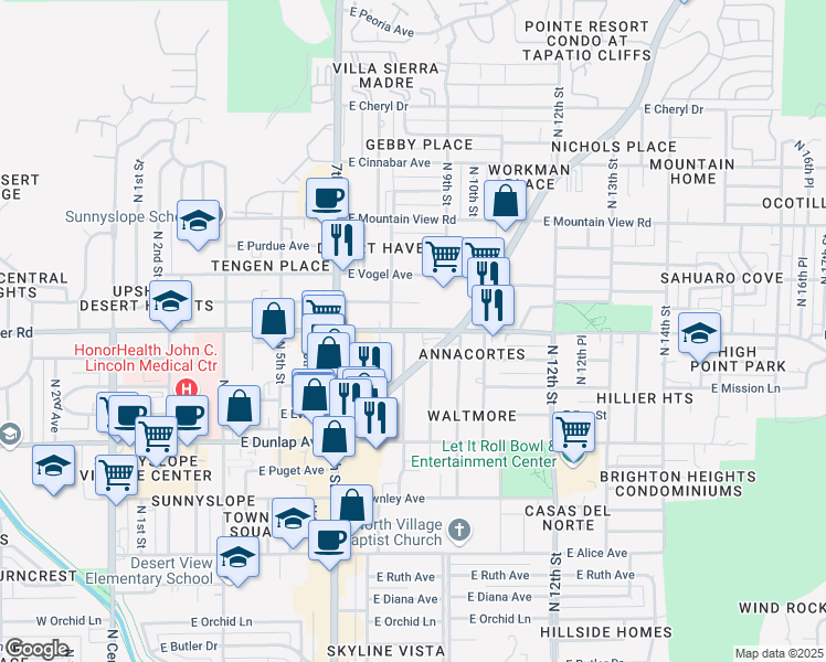 map of restaurants, bars, coffee shops, grocery stores, and more near 850 East Hatcher Road in Phoenix