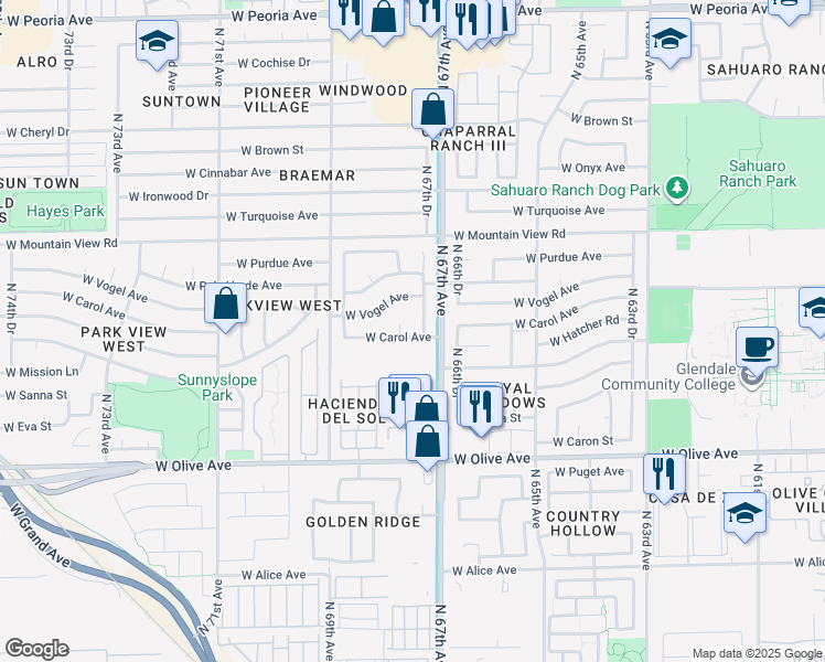 map of restaurants, bars, coffee shops, grocery stores, and more near 9502 North 67th Lane in Peoria