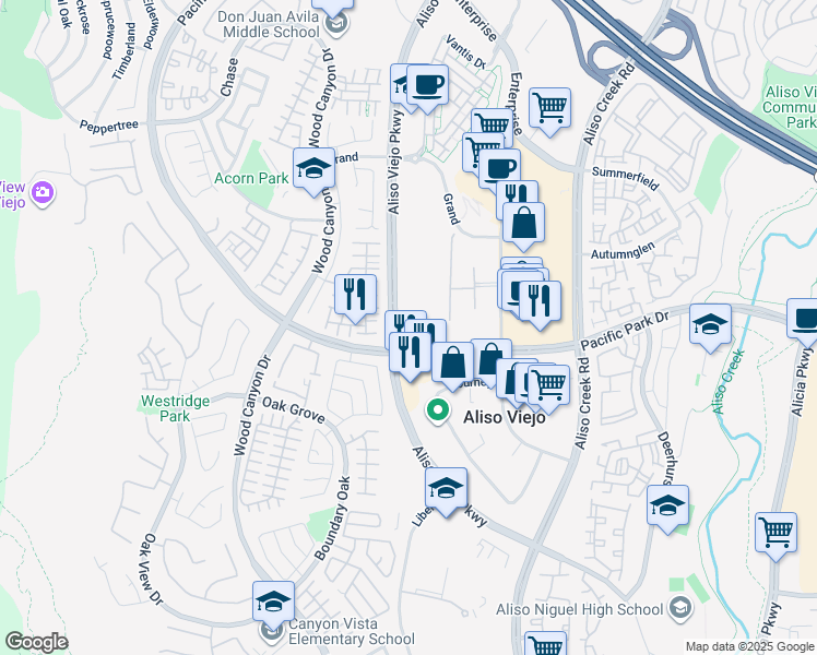 map of restaurants, bars, coffee shops, grocery stores, and more near 26970 Laguna Hills Drive in Aliso Viejo