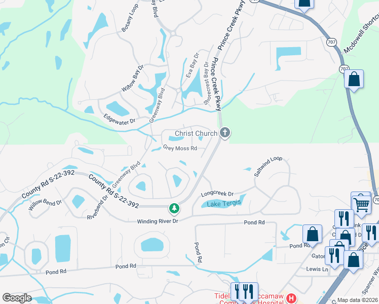 map of restaurants, bars, coffee shops, grocery stores, and more near 38 Grey Moss Road in Murrells Inlet
