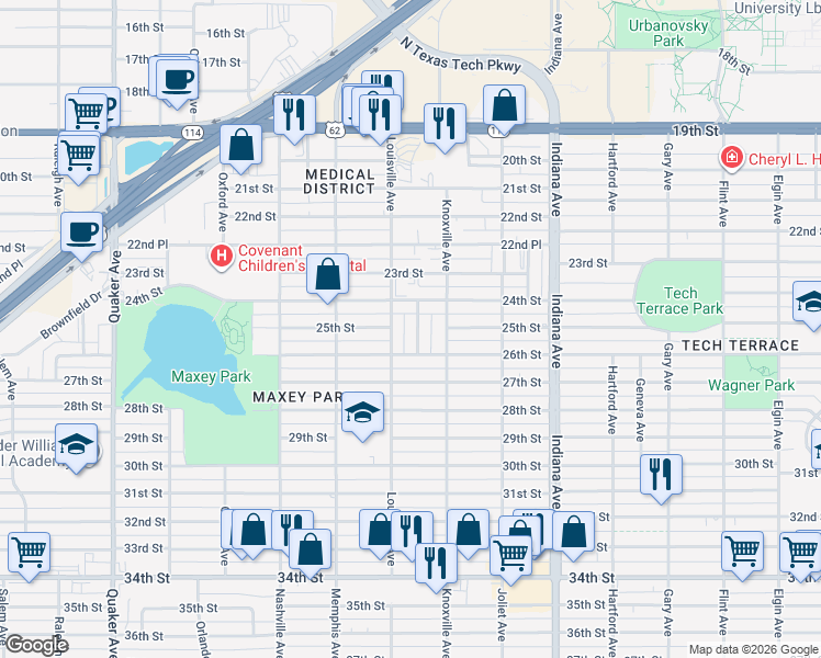 map of restaurants, bars, coffee shops, grocery stores, and more near 2506 Kenosha Avenue in Lubbock