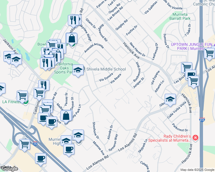 map of restaurants, bars, coffee shops, grocery stores, and more near 24672 Corte Delgado in Murrieta