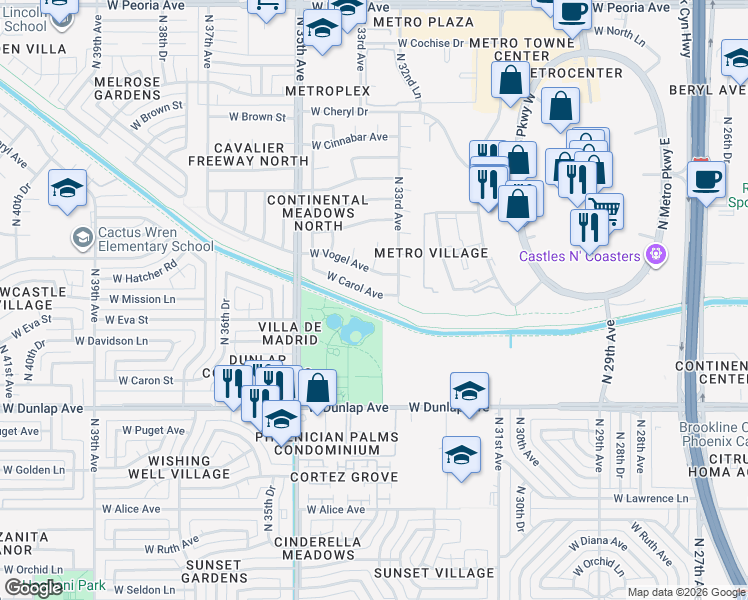 map of restaurants, bars, coffee shops, grocery stores, and more near 3321 West Carol Avenue in Phoenix