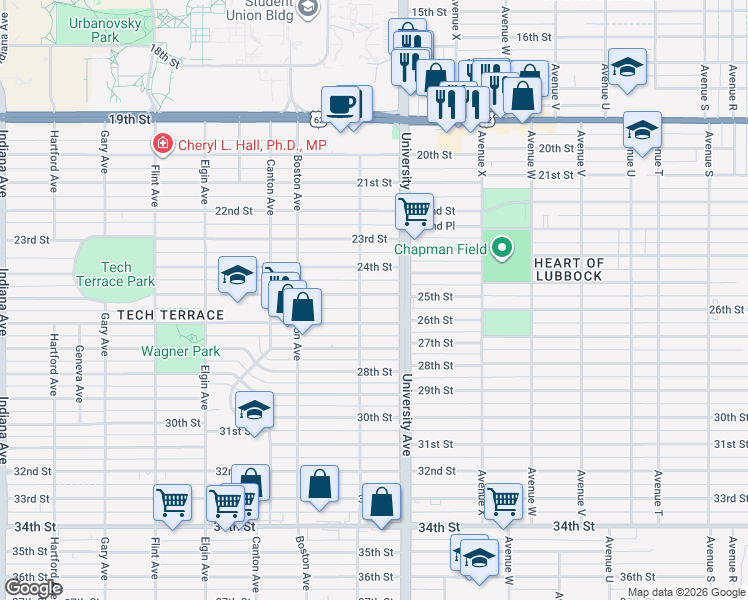 map of restaurants, bars, coffee shops, grocery stores, and more near 2521 25th Street in Lubbock