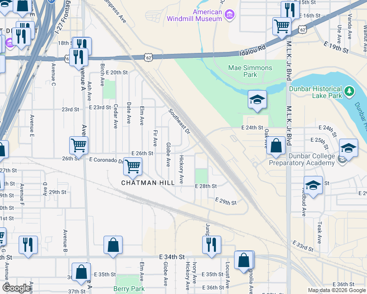 map of restaurants, bars, coffee shops, grocery stores, and more near 2415 Hickory Avenue in Lubbock