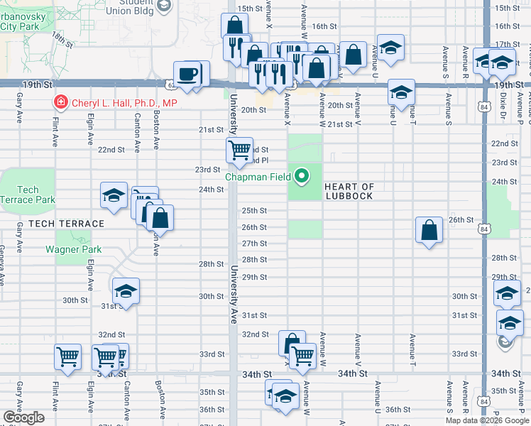 map of restaurants, bars, coffee shops, grocery stores, and more near 2409 25th Street in Lubbock