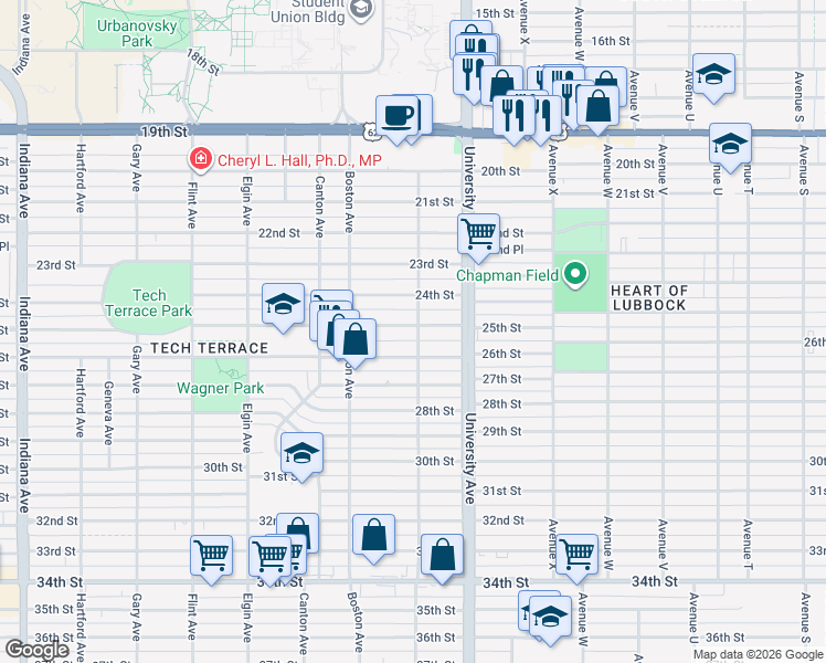 map of restaurants, bars, coffee shops, grocery stores, and more near 2521 25th Street in Lubbock